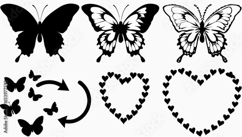 Illustrative composition featuring butterflies in various styles and heart shaped formations on white silhouette