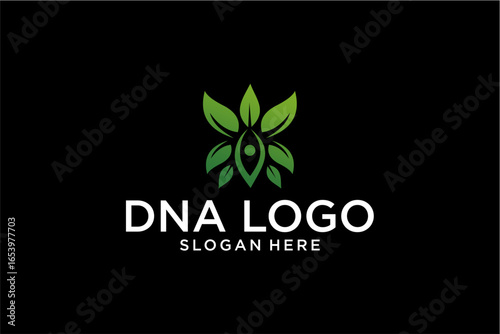 Creative DNA Logo Design With Green Leafs