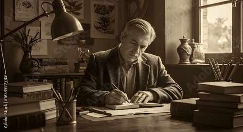 A seasoned author meticulously crafts his next masterpiece, surrounded by books and inspiration.