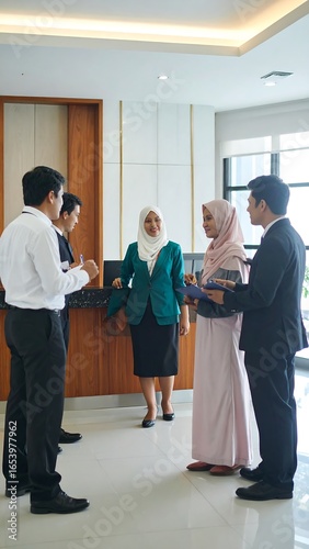 Business people interacting in a modern lobby