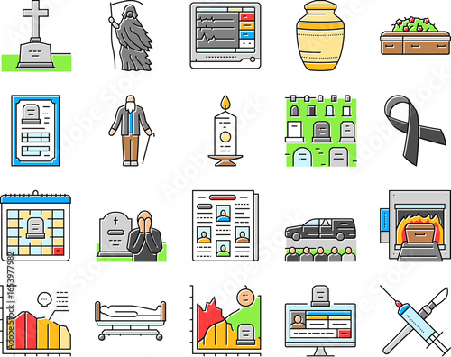 mortality death life aging icons set vector