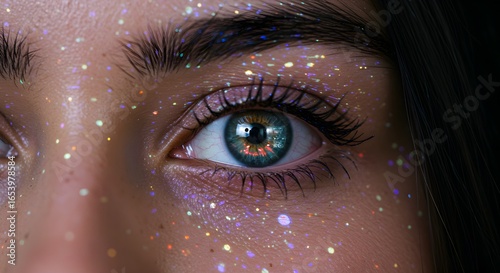 A detailed macro photograph of a beautiful woman's eye adorned with sparkling gold and purple glitter makeup for a festive look