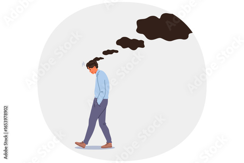 Troubled man feels stressed due to haunting memories of mistakes and business failures. Troubled guy needs psychotherapy to treat melancholy and apathy caused by bad experiences in past