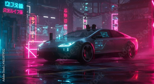 Cyberpunk Cityscape Futuristic Car in Neon-Lit Streets