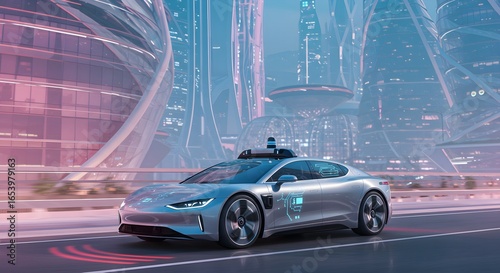 Autonomous Car Driving on City Road with Futuristic Architecture and Technology