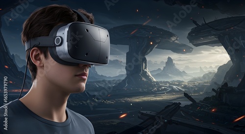 A young man immersed in a futuristic virtual reality world, exploring a fantastical alien landscape.