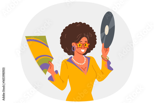 Disco woman holds vinyl record and invites you to retro holiday party with opportunity to dance and have fun. Girl in disco outfit enjoys listening to songs from authors from last century