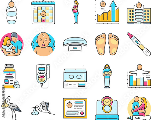 birth pregnancy newborn infant icons set vector