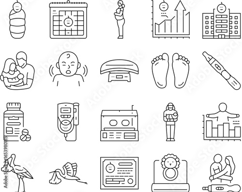 birth pregnancy newborn infant icons set vector