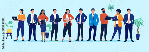 Collection of business people standing at work holding laptop computers and smiling, flat design vector characters