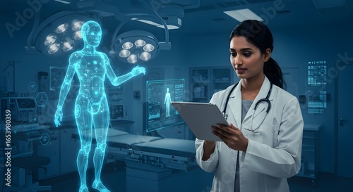 Doctor Analyzing Holographic Human Body Scan in Modern Hospital Setting