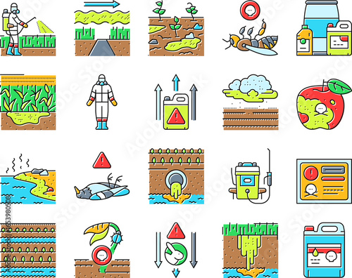 pesticide pollution agriculture icons set vector