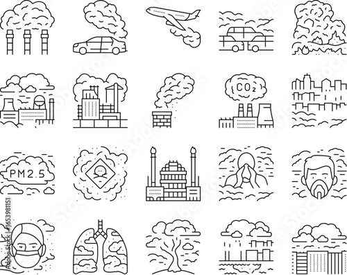 air pollution smog emissions icons set vector