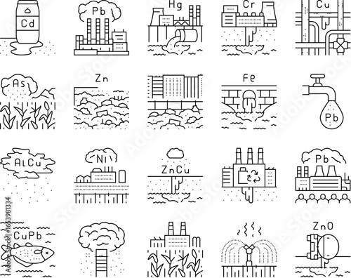 heavy metal pollution icons set vector