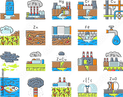 heavy metal pollution icons set vector