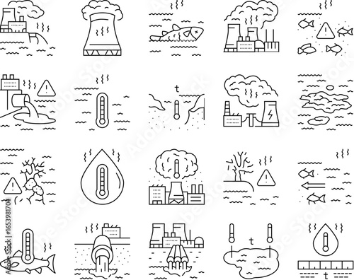thermal pollution ecosystem icons set vector
