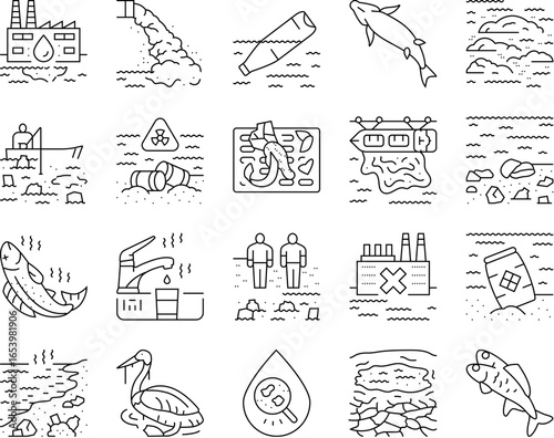water pollution contamination icons set vector