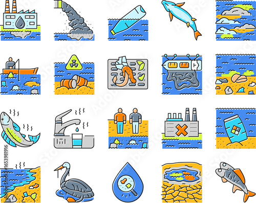 water pollution contamination icons set vector
