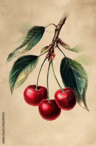 Vintage Hand - drawn Cherry Illustration, Realistic Plant Branches & Leaves, Decorative Painting/Natural History/Cultural & Creative Design Material