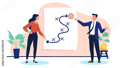  Two business people creating a new business strategy, plan, or a roadmap, with a man pointing at a chart on a large sheet of paper, a flat design vector illustration