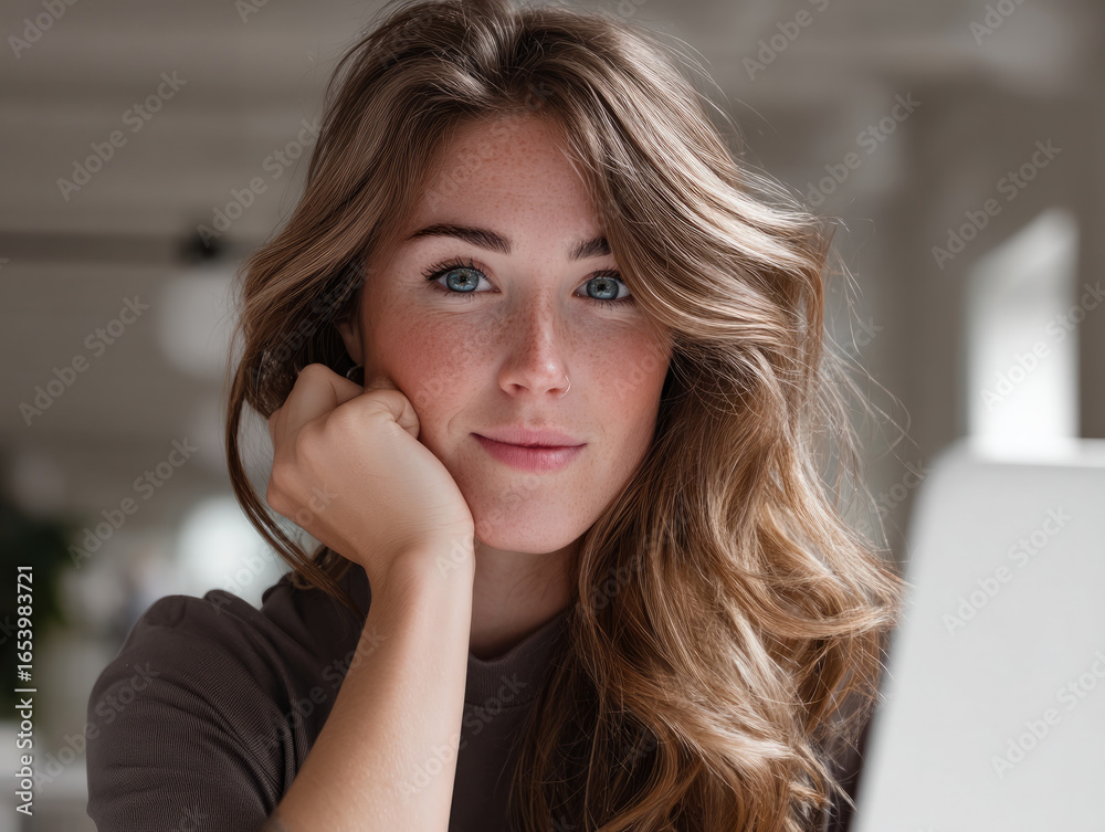 Fototapeta premium Young woman with long wavy hair, blue eyes, and freckles sitting indoors, hand on chin, natural light, confident expression