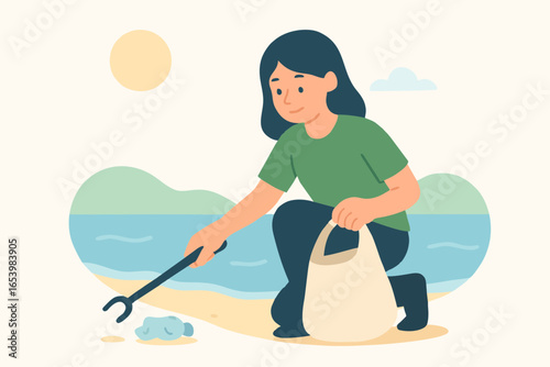  Woman picking up trash on the beach for environmental clean up and ocean conservation.