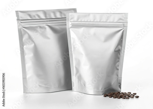Two blank silver foil stand up pouches with resealable zipper closure and scattered peppercorns