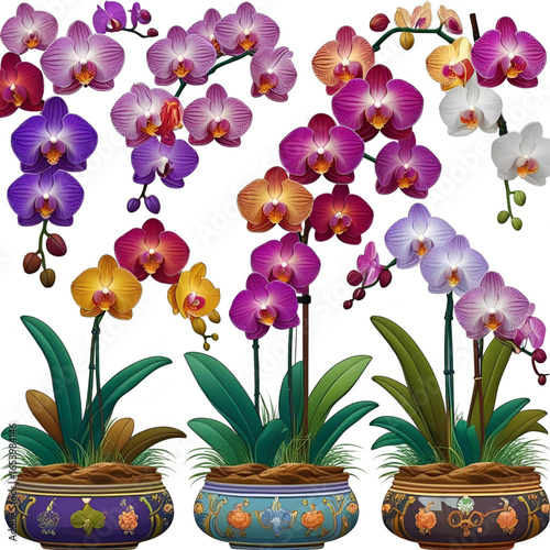 Collection of colorful orchids in decorative pots isolated on white background