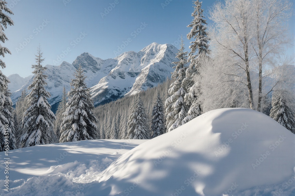 Obraz premium Snow-covered landscape with evergreen trees and majestic mountains under a clear blue sky