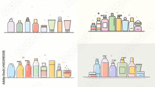 Minimal line style illustration of skincare bottles, tubes, and containers. Includes lotion, serum, cream, and shampoo in pastel tones. Ideal for beauty, spa, and cosmetic product design.