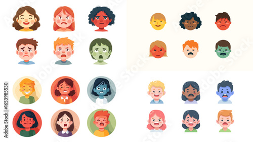 Set of illustrated faces showing various emotions including happiness, sadness, anger, fear, and surprise. Cartoon children expression icons for psychology, education, or emotion design.