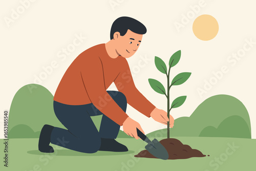 Flat illustration of father and son watering sapling for reforestation.