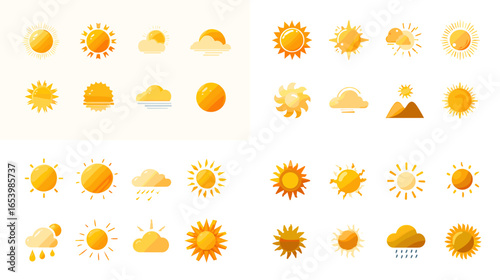 Bright yellow sun and weather icons set including sunrise, sunset, cloud, and rain. Modern gradient style for climate, forecast, temperature, summer, and environment themes.