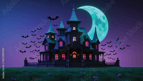 Halloween Spooky Castle: Eerie Moonlight Scene with Bats and Graveyard
