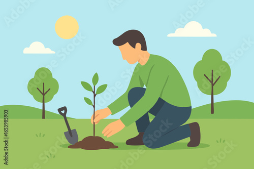 Flat illustration of man planting tree with shovel as eco friendly action.