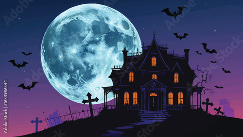 Halloween Spooky Castle: Eerie Moonlight Scene with Bats and Graveyard