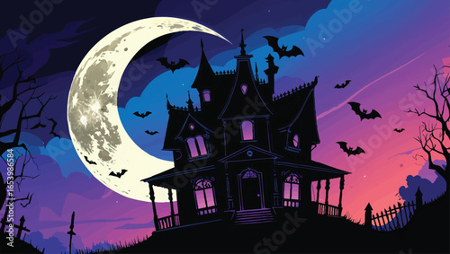 Halloween Spooky Castle: Eerie Moonlight Scene with Bats and Graveyard
