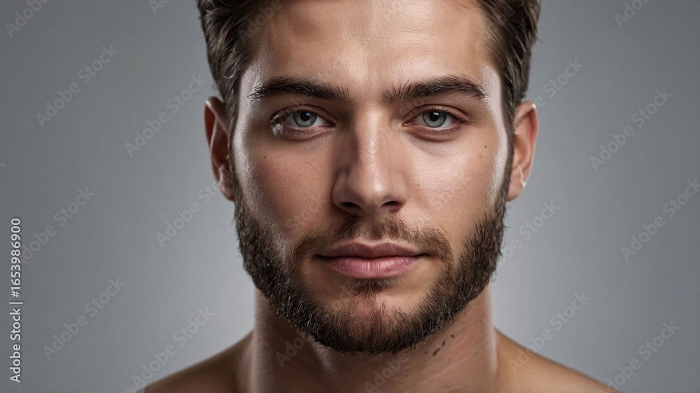 Fototapeta premium Confident young man with piercing blue eyes and a well-groomed beard, exuding charisma and strength against a neutral background.