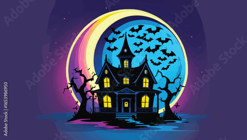 Halloween Spooky Castle: Eerie Moonlight Scene with Bats and Graveyard