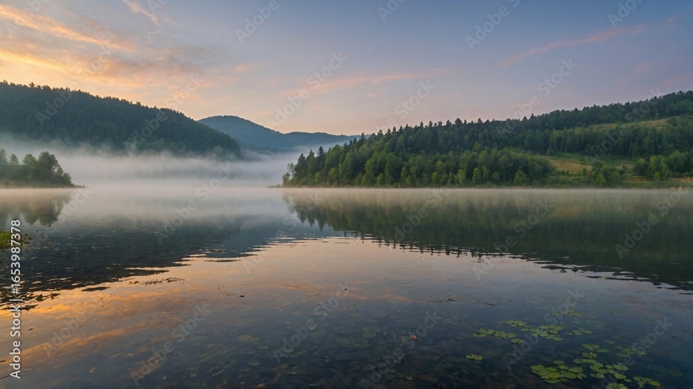 Fototapeta premium Serene dawn at a misty lake, surrounded by lush greenery and rolling hills.