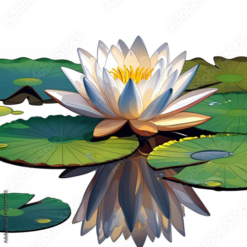 Beautiful white water lily flower with green lily pads isolated on white background