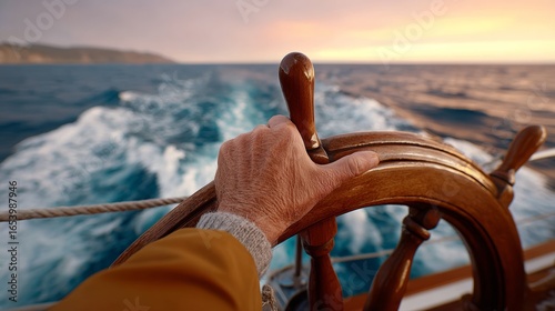 Man is steering a boat with a wooden wheel. The scene is set on a calm ocean with a beautiful sunset in the background. The man's hand is on the wheel, and he is in control of the boat