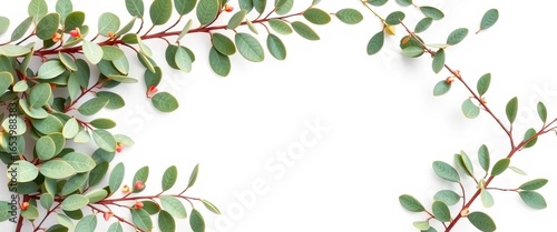 Green eucalyptus leaves and branches form a corner frame on a white background Ideal for feminine designs,  stock photo,  wedding