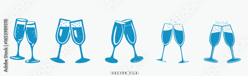 Blue champagne glasses in various stages of being opened and poured