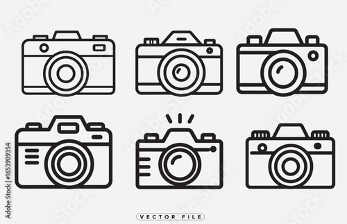 Collection of various camera icons in simple line style illustrations