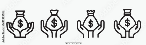 Hands holding money bags with dollar signs and crowns on white background