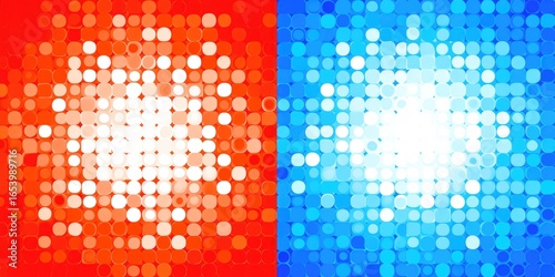 Abstract artwork with red and blue circular patterns radiating from a bright center