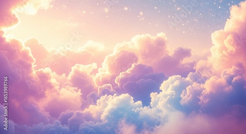 Dreamy pastel clouds illuminated by golden sunlight with subtle stars