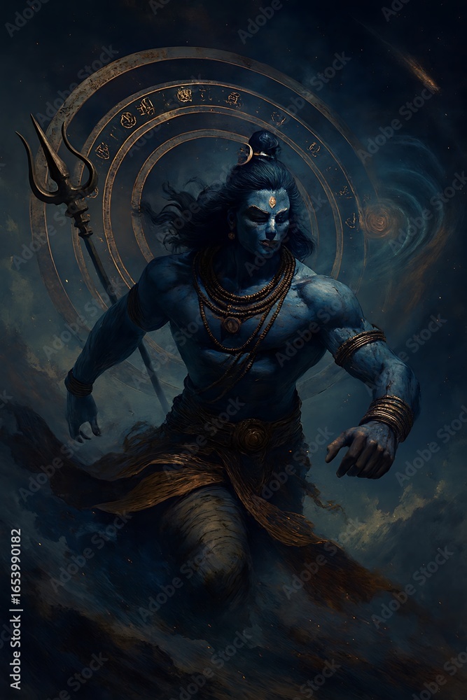 Fototapeta premium Shiva mahakal Blue Celestial Figure Holding Trident in Cosmic Atmosphere