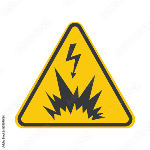 Isolated triangle safety sign electrical explosion danger, high voltage hazard, and electric shock caution symbol for workplace, factory, and industrial safety warnings.